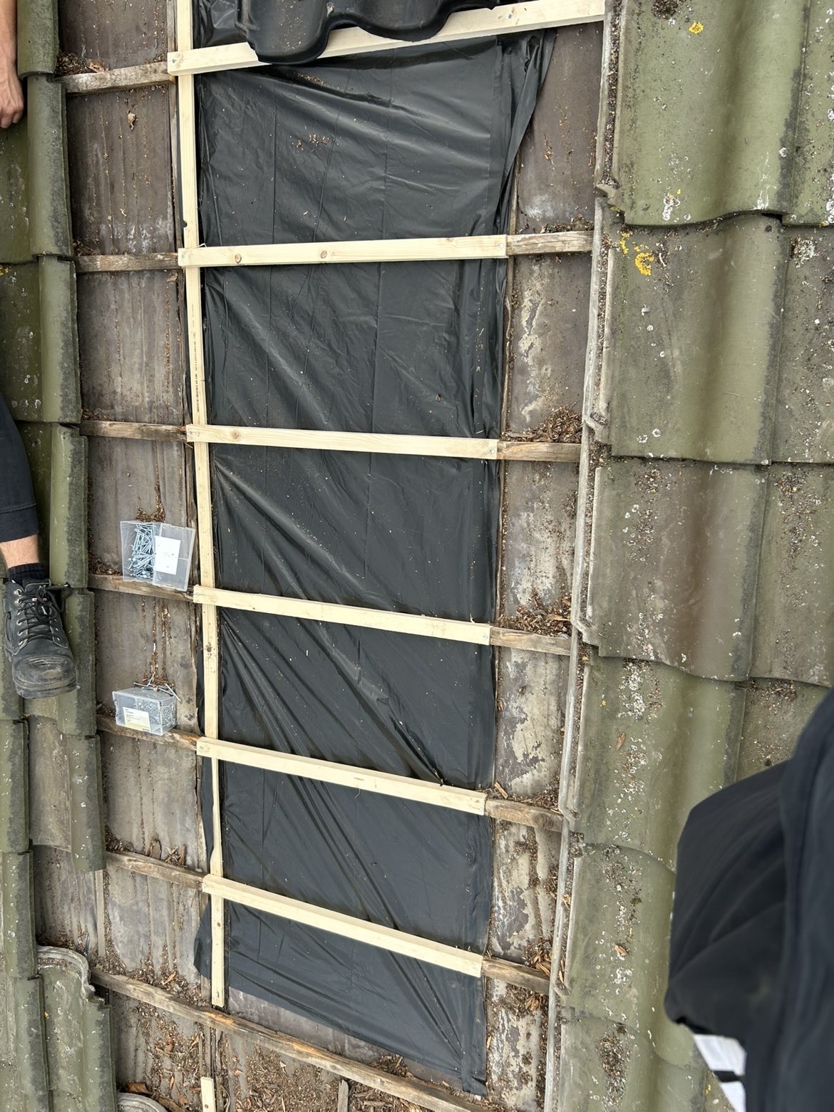Nieuwe panlatten tijdens de herstelwerkzaamheden in Rijnsburg.