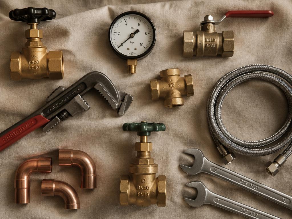 Sfeerbeeld: kranen, afsluiters, manometer en gereedschap op linnen