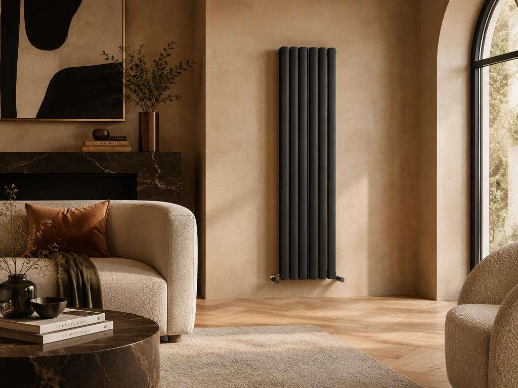 Sfeerbeeld: antraciet designradiator in een warme woonkamer