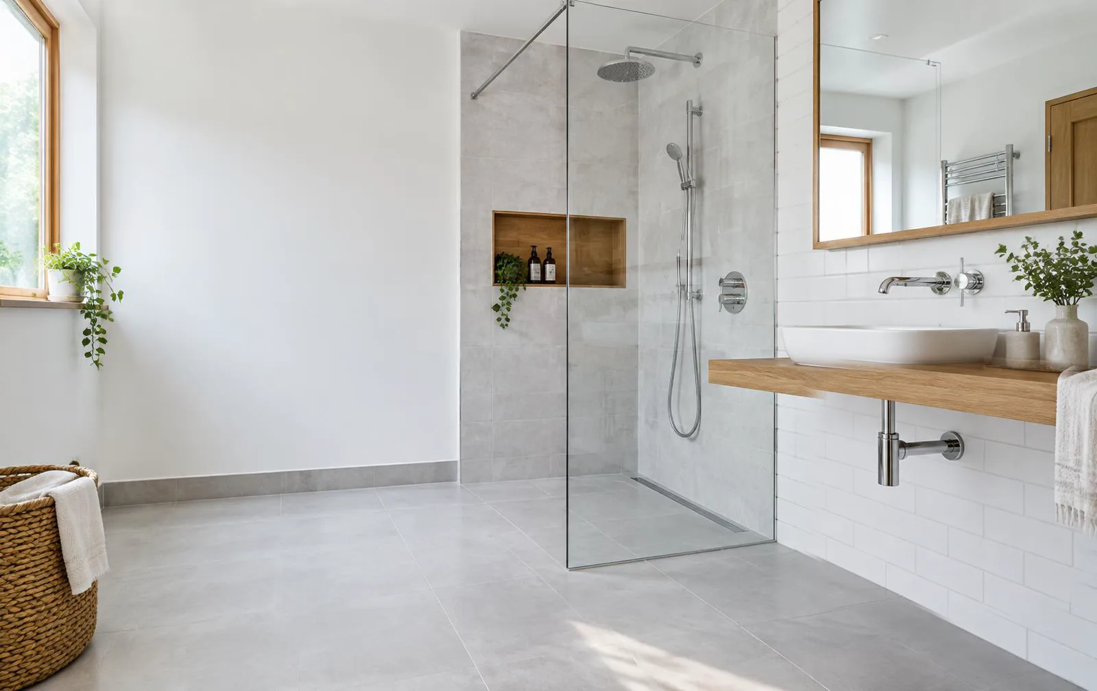 Sfeerbeeld van een moderne badkamer met douche en wastafel; geen projectfoto van Working2Day